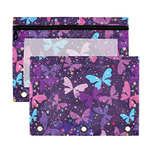 Bright Fantasy - Estuche para lápices de 3 anillos con diseño de mariposas moradas y cielo estrellado, paquete de 2 estuches de plástico transparente impermeable con cremallera, bolsa de cosméticos y