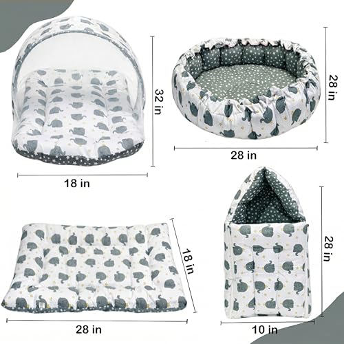Image of Fareto Combo of Baby Nest | Net with Bed | Carry Bag | 4 Pcs Bedding Set(0-6 Months) (Fullset Nest) (Ele Gray)
