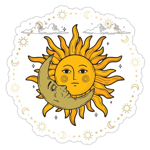 Image of Sun Face with Crescent Moon Vinyl Waterproof Sticker Decal for Laptop Water Bottle Antique Celestial Art Sticker 5 Inch