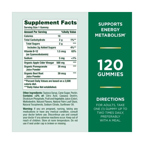 Natures-Bounty-Apple-Cider-Vinegar-Gummies-Energy-Metabolism-Supplements-Unfiltered-liquid-ACV-with-the-Mother-Non-GMO-Vegetarian-Vitamin-B12-Beet-Root-Pomegranate-500-Mg-120-Count Nature's Bounty Apple Cider Vinegar Gummies - Energy & Metabolism Supplements - Unfiltered liquid ACV with the Mother, Non-GMO, Vegetarian, Vitamin B12, Beet Root, Pomegranate (500 Mg, 120 Count)