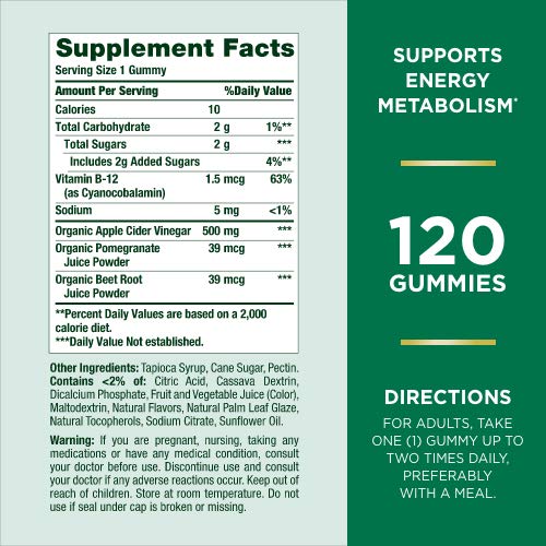 Nature's Bounty Apple Cider Vinegar Gummies - Energy & Metabolism Supplements - Unfiltered liquid ACV with the Mother, Non-GMO, Vegetarian, Vitamin B12, Beet Root, Pomegranate (500 Mg, 120 Count) - Image 4