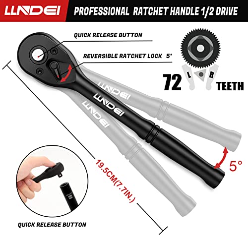 Llndei 3/8”Drive Impact Socket Set,Standard Sae(5/16 To 3/4-Inch) Metric Size(8-22Mm), 95 Piece, Cr-V Steel Deep&Shallow Kit, Adapters, Ratchet Handle, Screwdriver Bit Set, Spark Plug Socket, 6 Point #TOP3