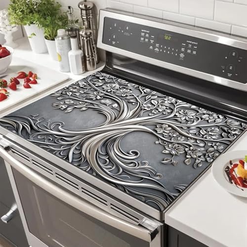 Image of HOMETITUTE Silver Floral Tree Stove Cover 28x20 Embossed Heat Resistant Mat