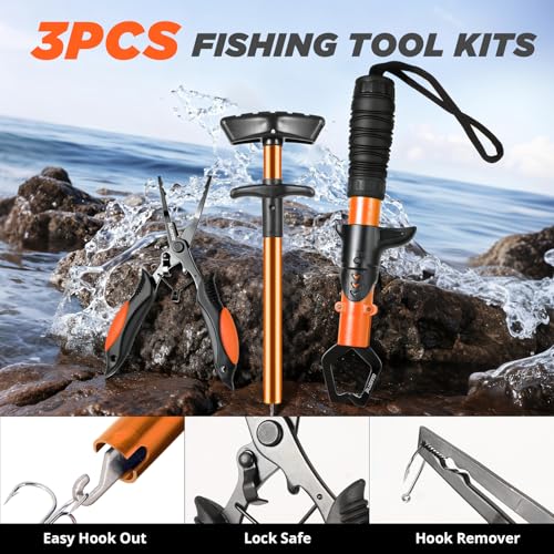 Image of PLUSINNO Fishing Backpack with Fishing Rod and Reel Combos Tackle Boxes, Waterproof Tackle Backpack for Gear with Rod Holder, Fish Gifts for Men with Tool Kit
