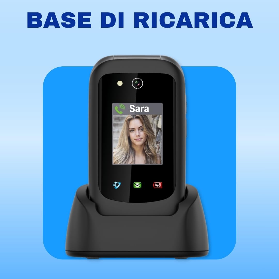 SAIET Prime GPS Cellulare per Anziani 4G con Tasto SOS, Localizzazione GPS | Telefono con Doppio Display e Audio Potenziato, Base di Ricarica e Torcia LED, Facile da Usare, Sicuro e Affidabile - Nero