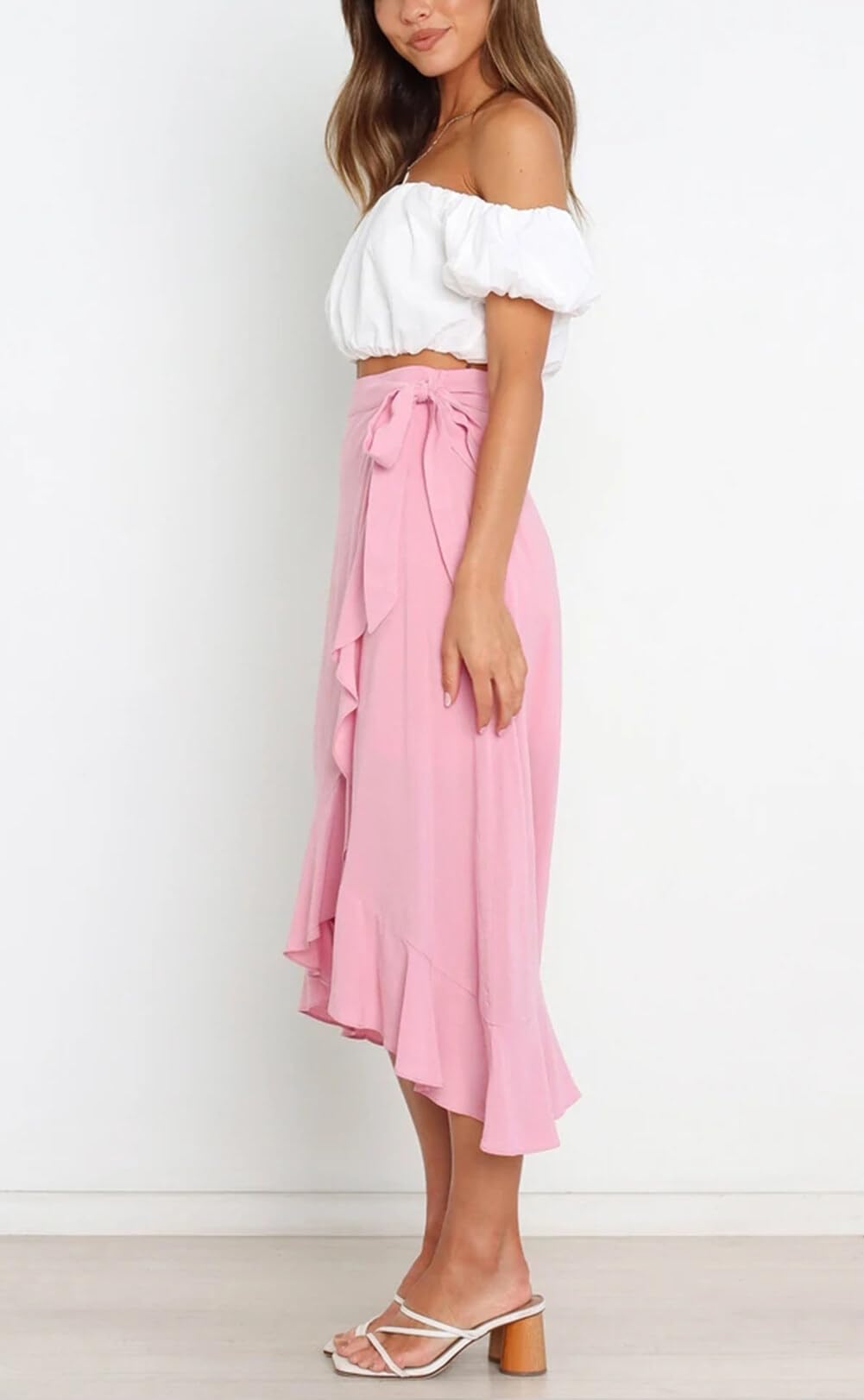 FEOYA Faldas largas de cintura alta para mujer, con lazo cruzado, dobladillo con volantes, estilo casual, para verano, playa