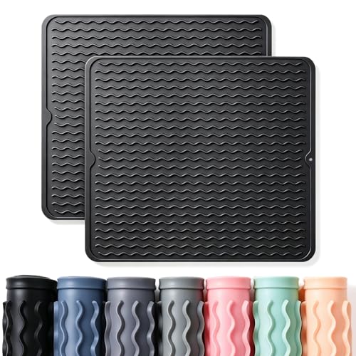 Image of 2 Pack Caketime Silicone Dish Drying Mat for Kitchen Counter Under Sink Protector Organizers Cooking Baking Espresso Machine Accessories Appliance Stone Rack Trays Drain Extra Large 18 inch*16 inch Black