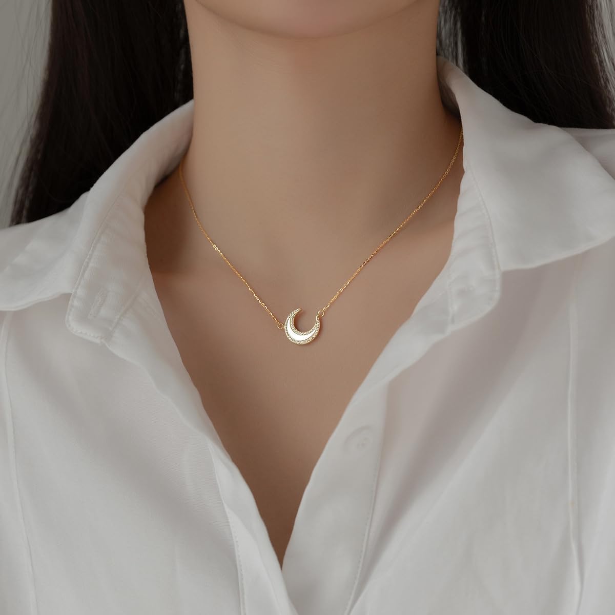 SLUYNZ Solid 925 Sterling Silver Moon Choker Necklace for Women Teens CZ Moon Pendant Necklace