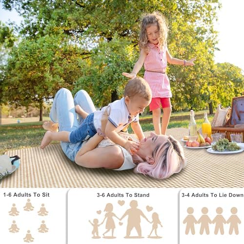 SAMSIER Large Outdoor Picnic Blankets Waterproof Foldable, Beach Blanket Sandproof Portable, Cute Picnic Mat Washable (Coffee, 80"×80") - 3