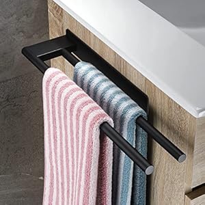 OETAMS Handdoekhouder voor badkamer, zelfklevend, dubbele handdoekhouder, zelfklevend, voor badkamer, keuken, roestvrij staal, zwart
