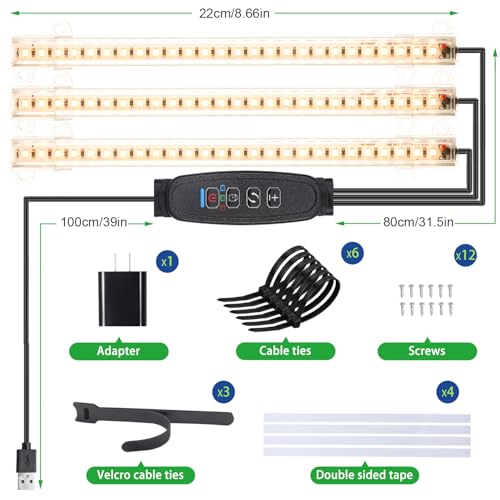 Image of LED Grow Light Strips, Grow Lights for Indoor Plants Full Spectrum 3000K, 78 LEDs Plant Light with 3 /9 /12H Timer, 10 Dimmable Levels for Seedling Succulent and Plant Shelf, 3 Head 8.6 Inches