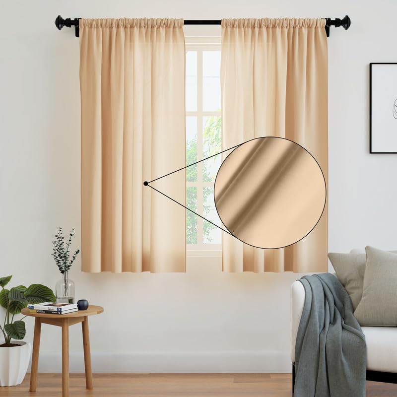 Encasa Homes Cortinas sólidas de poliéster con Atado, 140x137 cm Window Juego de Paneles de 2 - Beige, Bolsillo de Vara, Filtro de luz, Cortinas para Puerta, Dormitorio, Sala de Estar