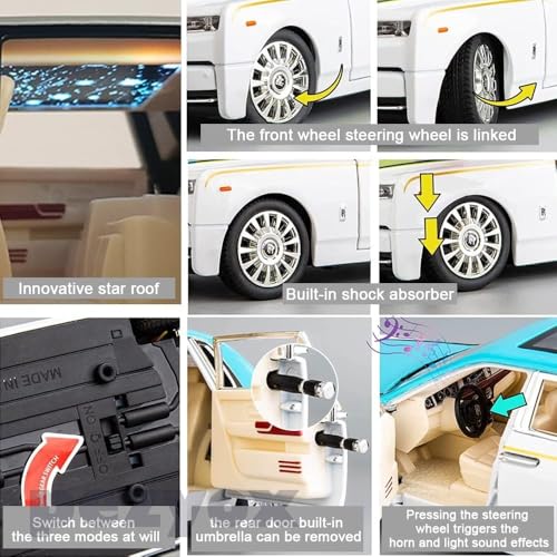 Image of 1 /24 Rolls-Royce Phantom Model Car,Zinc Alloy Pull Back Toy car with Sound and Light for Kids Boy Girl Gift. (Blue-White)