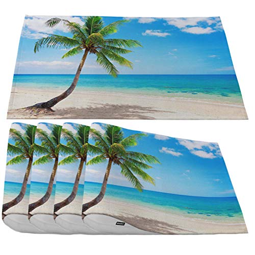 Moslion Beach Palm Tree Placemats,Summer Time Landscape Blue Sea and Soft Sand Place Mats for Dining Table Kitchen Table,Waterproof Non-Slip Heat-Resistant Washable Outdoor Dinner Table Mats,Set of 4