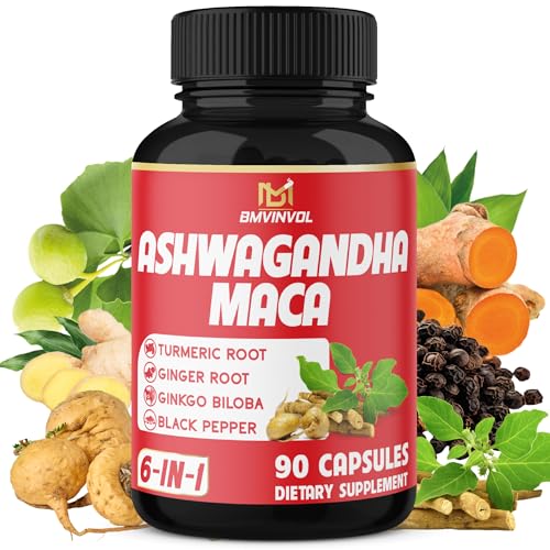 Ashwagandha Maca Root Supplement - 7000mg Herbal Equivalent with Turmeric Ginger - Supports Stress Mood & Strength - Ashwagandha Capsules Maca Pills - 90 Count