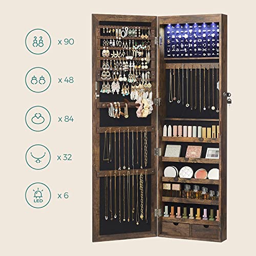 SONGMICS Espejo Joyero LED, 120 cm de Alto con Cerradura, Armario Joyero de Pared o Montado en la Puerta, Organizador de Joyas con Espejo, 2 Cajones, 10 x 37 x 120 cm, Marrón Rústico JJC93CB 5 Songmics Espejo Joyero Led, 120 Cm De Alto Con Cerradura, Armario Joyero De Pared O Montado En La Puerta, Organizador De Joyas Con Espejo, 2 Cajones, 10 X 37 X 120 Cm, Marrón Rústico Jjc93cb