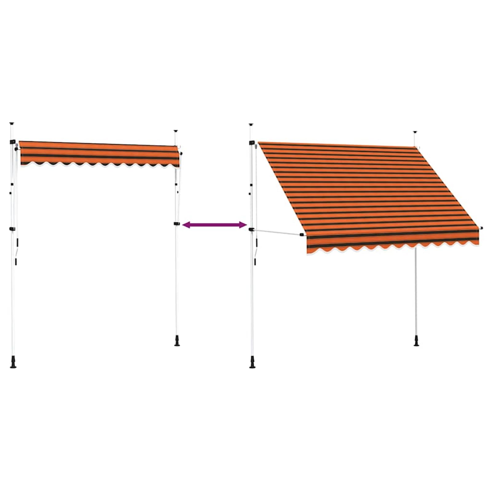 Wysuwana markiza balkonowa, obsługiwana ręcznie, 250 cm, pomarańczowa i brązowa, bez wiercenia, z korbą ręczną, aluminiowa markiza odporna na promieniowanie UV, regulacja wysokości i działanie