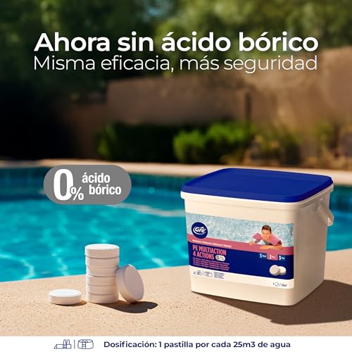 Miniatura 7 de Gre 76006nb -Tabletas De Cloro Multifunción 4 Acciones: Desinfección, Antialgas, Floculante Y Estabilizador. Tratamiento Y Limpieza Integral De Piscinas. Tabletas 250 Gr, 5 Kg