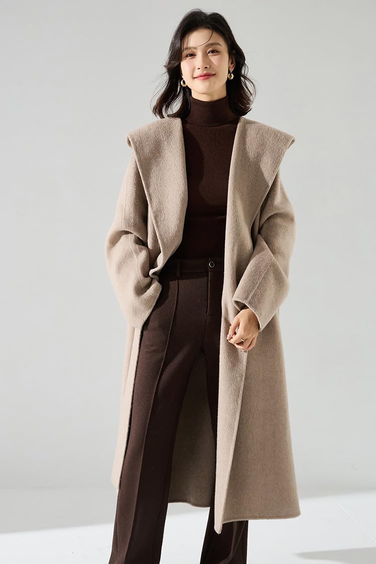 utcoco Women's Winter Belted Wool Coats Open Front Trench Coat with Hood image 4