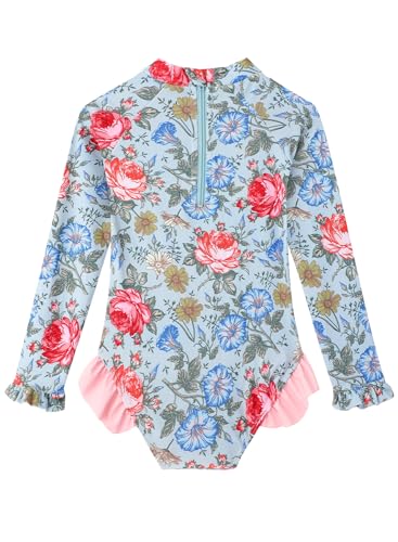 Image of Baby Toddler Girl Long Sleeve Ruffle Swimsuit One Piece Zipper Rash Guard Bathing Suit with UPF 50+ Sun Protection