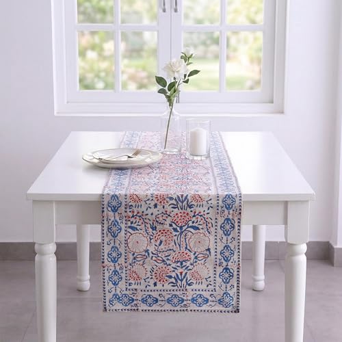 Image of Ravaiyaa - Attitude is everything Cotton Hand Block Printed Table Runner Bed Runner Table Decor (Red & Blue Floral)