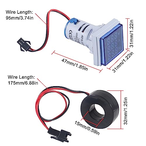 Image of 2PCS Current Voltage Hertz Meters, Digital 3 in 1 22mm Voltmeter Ammeter Hz Meter AC 60-500V 0-100A 20-75Hz Current Frequency Indicator LED Digital Voltage Amp Tester with CT (Blue)