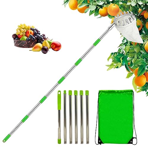 DMAIS Fruit Gatherer, Stainless Steel Fruit Collector, Fruit Picker with Telescopic Handle, Adjustable Fruit Picker Head Basket with Cotton Bag, Garden Fruit Gatherer for Garden, Orchard