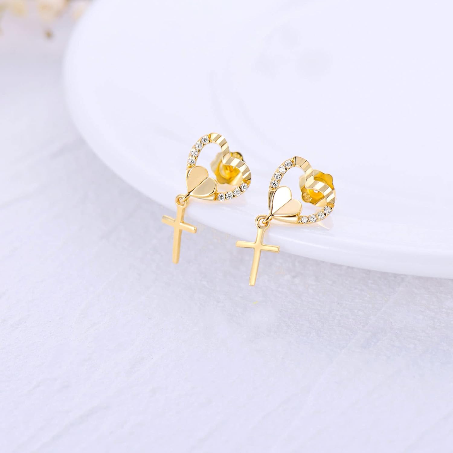 14k 10k Gold Heart Cross Earrings for Women Dangle, Religious Stud Drop Jewelry Confirmation Gifts for Her