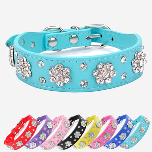 Bonito Collar de Perro con Diamantes de imitación Bling Bling-patrón de Flores de Diamante (Azul M) -Adecuado para Perros pequeños y medianos