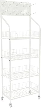 4 Tier Retail Display Rack, Retail Display Shelf with Wheels&Hooks Heavy Duty Metal Snack Candy Commercial Display Organizer Basket Stand Cart for Supermarket White