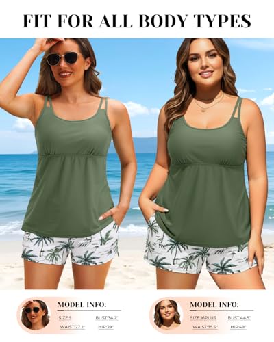 Image of Tempt Me Two Piece Tankini Swimsuits for Women Tummy Control Bathing Suit with Shorts Athletic Two Side Pockets Swimwear