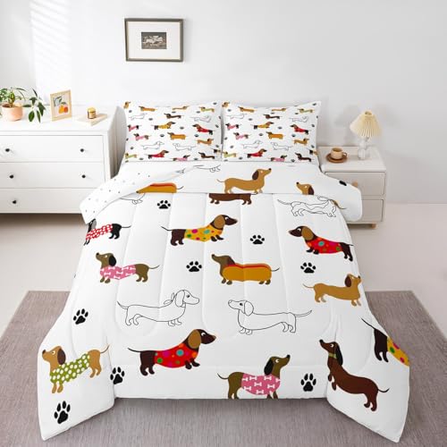 Feelyou Kinder-Bettwäsche-Set mit Dackel-Motiv, volle Größe, Tierpfoten-Muster, Bettdeckenbezug, Schlafzimmer-Dekor, Mikrofaser-Bett-Set