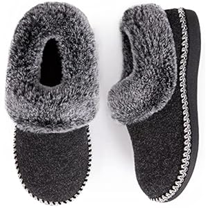 EverFoams Ladies’ Luxury Wool Memory Foam Slippers with Fluffy Faux Fur Collar and Indoor Outdoor Sole