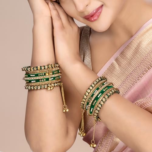 Peora Gold Plated Kundan Bangles Green 2.6 inch - Image 4