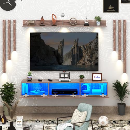Image of Anikaa RayzaNote Engineered Wood Wall Mount TV Unit Acrylic Blue LED Storage Box, Side Wooden Accent Spot Light I Deal for Up to 50 Inch TV Coachwood - DIY Installation