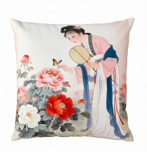 whooplaArt Chinese Style Ancient Beauty & Peony Throw Pillow Cover 22"x22"