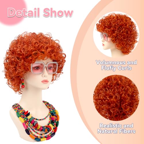 Image of Women Roper Curly Orange Red Cosplay Wig with Necklace Earrings and Sunglasses for Women Hallween Costume Wig