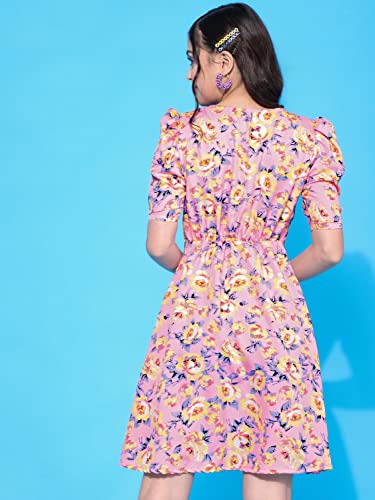 Image of OOMPH! Below Knee Shift Pink Dress in Crepe Fabric with Round Neck and Puff Sleeves - md619l