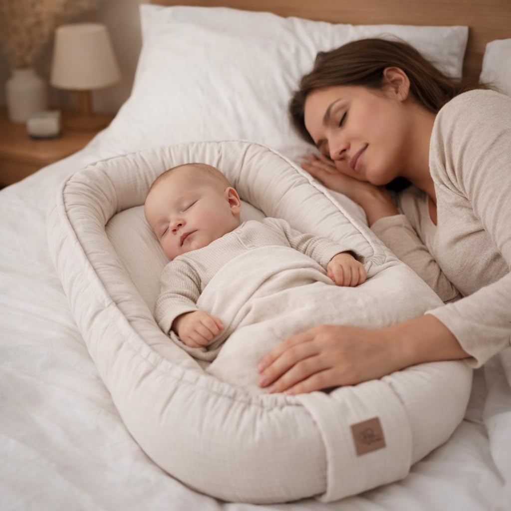WIKLINOPOL Babynest, Nestchen für Neugeborene – Baby Nestchen 80x46 cm in Beige, Tragbares Nest aus Musselin - Baby Nest für Neugeborene mit herausnehmbarer Matratze
