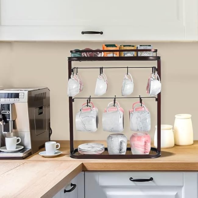 Double-Side Metal Mug Holder - 2 Tier, Holds 14 Mugs, Counter Coffee Cup Organizer with Storage Shelves, Dark Brown