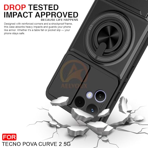 Image of Tecno Pova Curve 2 Back Cover | Armor Camera Slider 360 Degree Rotating Finger Ring Holder Case with Bracket Stand Back Case Cover (Compatible with MagSafe Accessories) (Black)