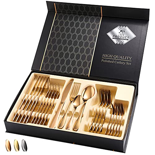 Rose Gold Silverware Set, Avalon 24 Piece Flatware Set Service for 6, High Grade 18/10 Stainless Steel Cutlery Set, Mirror Polished, Dishwasher Safe Rose Gold Silverware Set, Avalon 24 Piece Flatware Set Service for 6, High Grade 18/10 Stainless Steel Cutlery Set, Mirror Polished, Dishwasher Safe