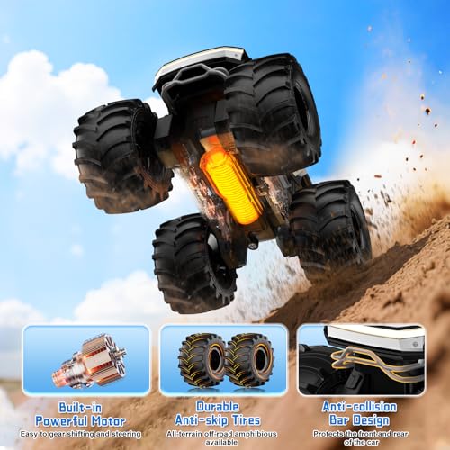 Image of Amphibious Monster Truck with LED Eyes, 1:18 Rechargeable Remote Control Car, 2.4 GHz Waterproof RC Cars Toy Truck, 4WD All Terrain Off-Road Pickup, Toys for 6+ Year Old Kids Christmas Birthday Gifts
