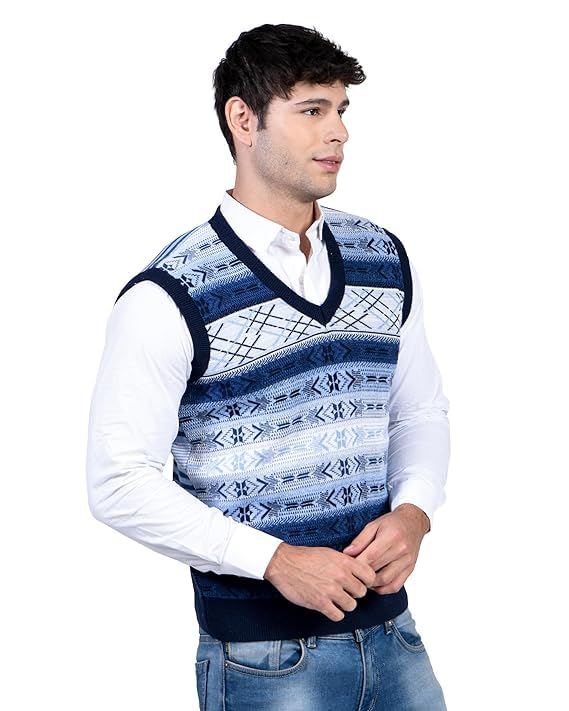 Men's V-Neck Sleeveless Wool Sweater, Rainbow Printed Design, Winter Pullover-picture-36