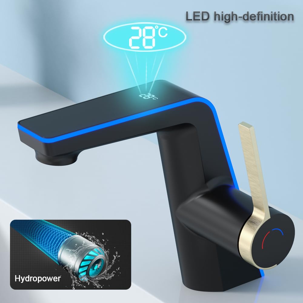 Grifos de baño de temperatura, sin visualización eléctrica de temperatura, grifos de lavabo de baño de un solo mango (moderno, negro dorado)