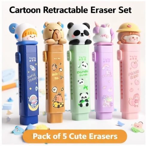 PB Prime Brands Cute Kawaii Cartoon Retractable Eraser Set Fancy Push-Pull Slide Rubber Erasers with Adorable Animal Toppers for Kids, Students & School Supplies (Pack of 5) 3