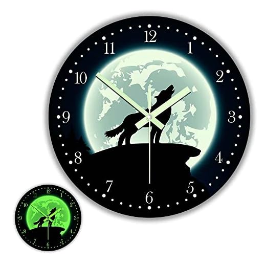 The Geeky Days Glow in The Dark Wall Clock, Howling Wolf with Moon 12inch Modern Luminous Silent Clock, Battery Operated Quartz Wildlife Animal Grey Wolf Acrylic Round Watch Man Cave Decor