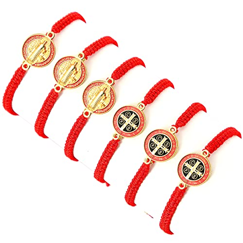 12/6 Pieces Pack San Benito Bracelets Protection Handmade Red Black Cord Benedict Wrist Bracelets Adjustable Medal Rosary Bracelet Luck Benedictine Serenity Blessing Friendship Bracelet for Women Men