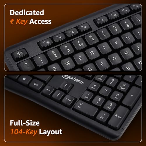 Image of Amazon Basics Wireless Keyboard and Mouse Combo | 2.4GHz Wireless | Full-Size 104-Key Keyboard with ₹ Key | Low-Noise Typing | Compact Ergonomic Mouse | USB Receiver | Windows XP 7 8 10 11