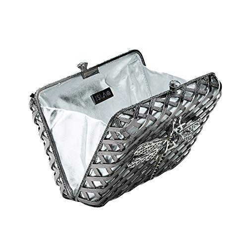 ISLA - Bolsa Clutch Metal Grafite Trama com Libélula em Cristais